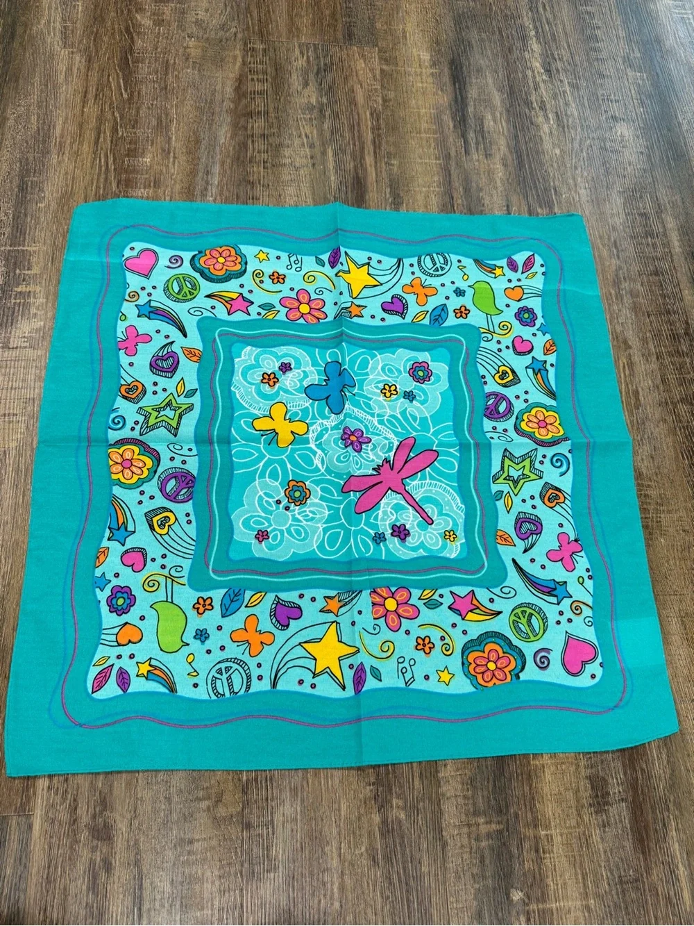 Little Brownie Girl Scout Turquoise Kids Bandana with Colorful Dragonfly Flowers